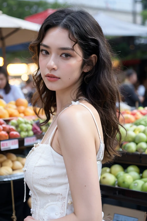 masterpiece, best quality, ultra-detailed, ultra high res, (photorealistic:1.4), raw photo, (realistic:0.2), 8k HDR, realistic cool temperature lighting, (asian:0.2), 1girl, solo, curly hair, outdoor, day, (traditional market:1.2), bokeh, (detailed lips), (detailed pores), (detailed skin textures), (detailed face:1.2), (upper body:1.2), a woman in a white sundress, promotional image, a character portrait,