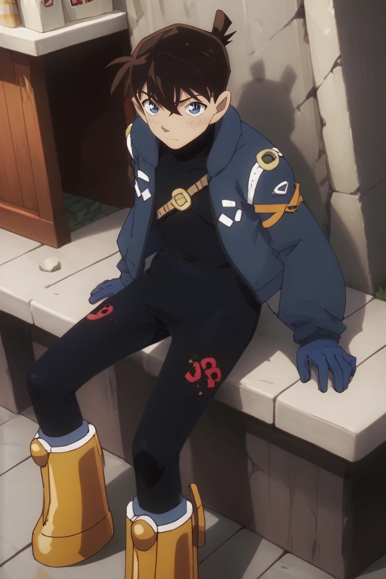 Aak，sit，masterpiece，locker room，Anime style，4K HD style，Looking at the audience，Aakhead，Boys，Crotch bulge，One hand holding white socks，Open your legs，Smile