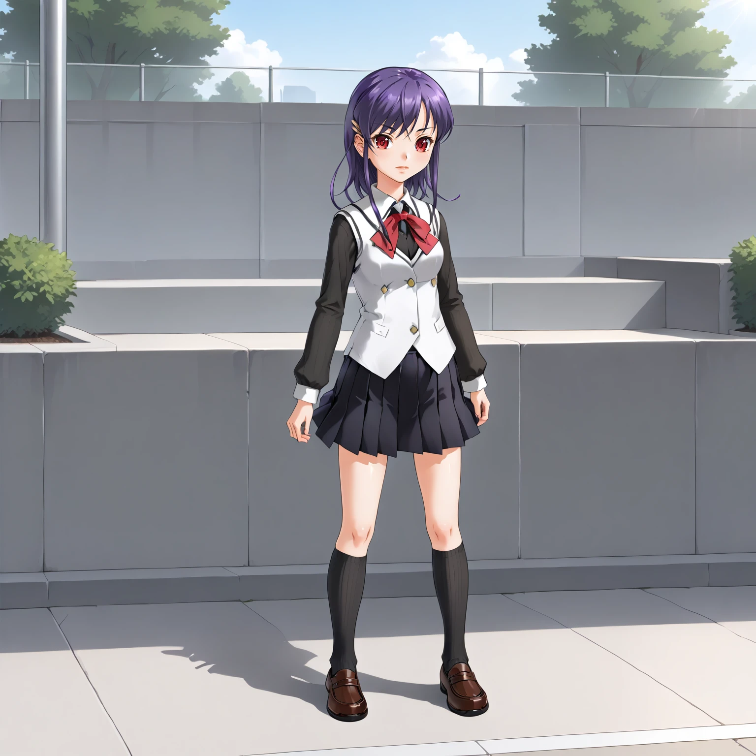 <lora:MJD_HitotsukaneYuukoOliverXLpony005>,
outdoors,
solo,
HitotsukaneYuukoOliver,1girl,purple hair,middle hair,hairclip,red eyes,
school_uniform,
black shirt,white vest,long_sleeves,black skirt,
full body,standing,