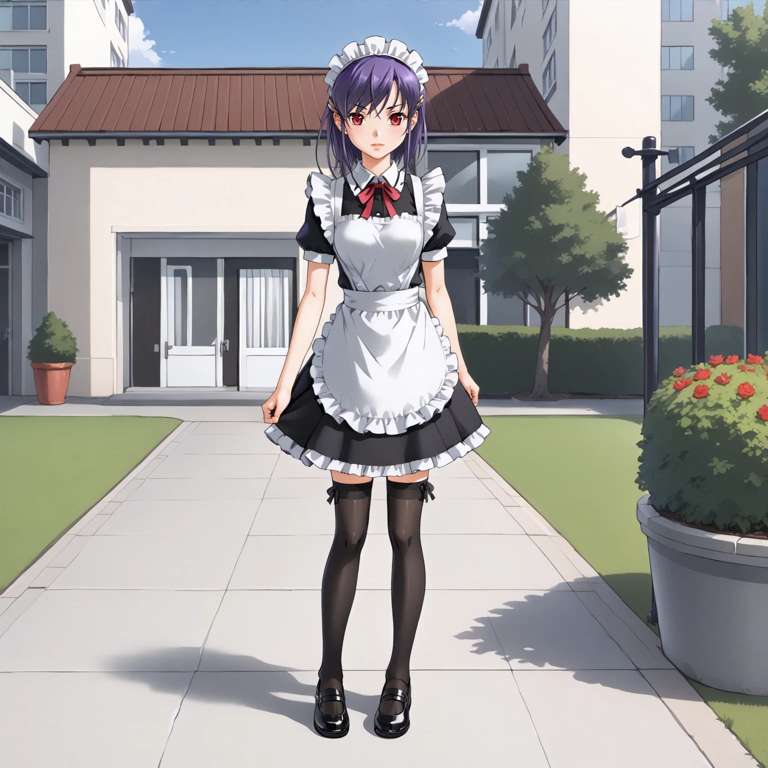 <lora:MJD_HitotsukaneYuukoOliverXLpony005>,
outdoors,
solo,
HitotsukaneYuukoOliver,1girl,purple hair,middle hair,hairclip,red eyes,
maid headdress,
maid,short_sleeves,maid_apron,black thighhighs,
standing,full body,