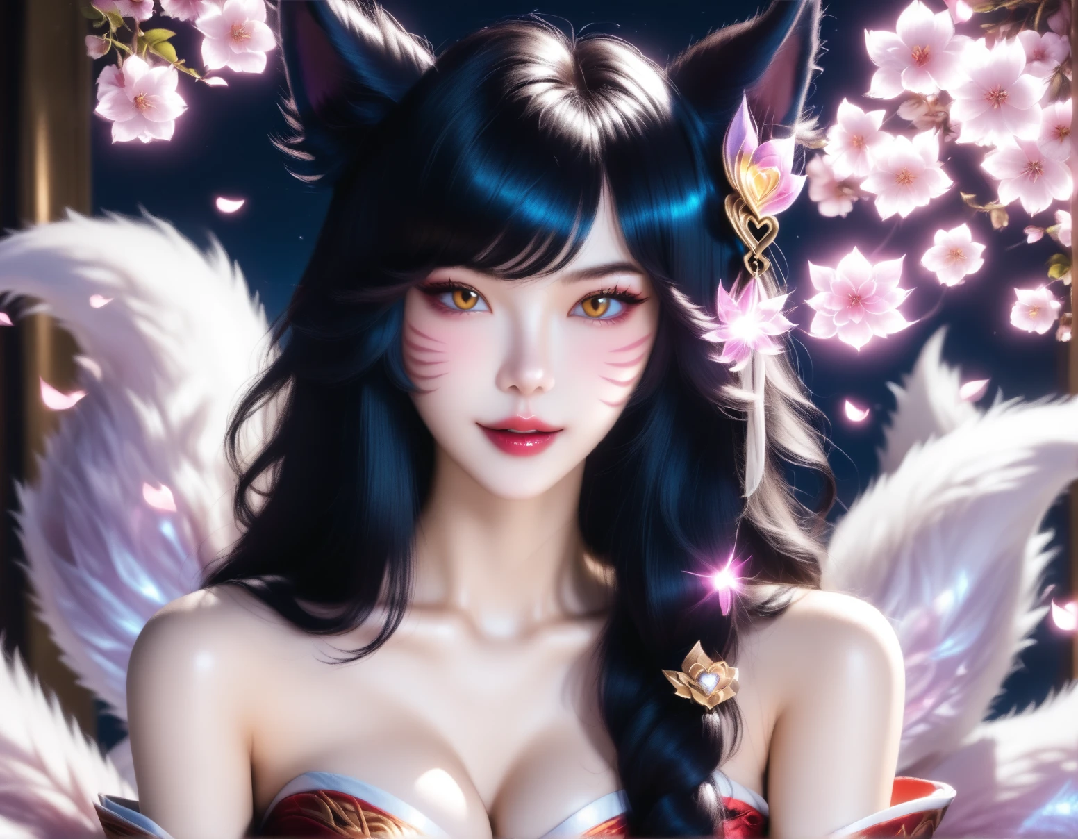 ahri from league of legends,, beautiful, stunning, black hair, black hair,, (sagging breasts:.9), cute, petite, small, eyes open, (thicc:1),<lora:LoveAhriV1:1> vlt loveahriv1, fluffy tail