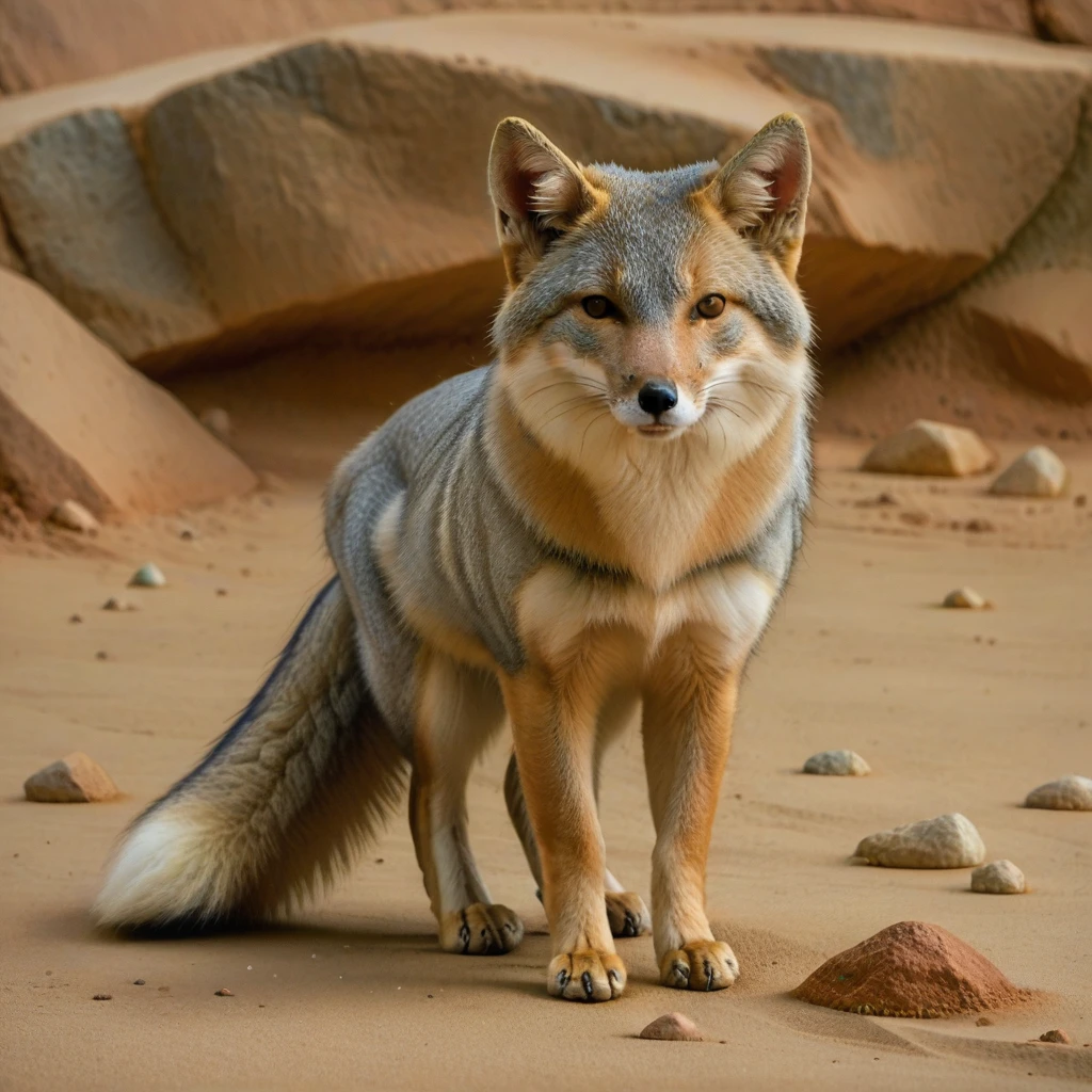 incredibly absurdres,solo,photorealistic,tibetanfox,gray fur,feral,detailed background,looking at viewer,outdoors,standing on ground,<lora:Foxes_-_Multiple_Species:1>,