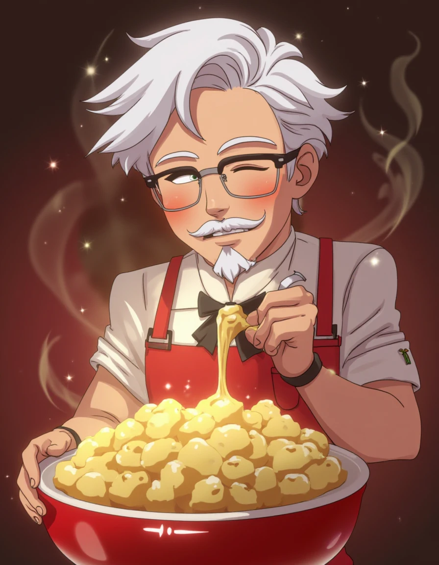 colonel-sanders is holding a bowl of steaming mashed potatoes and he is blushing happily  <lora:colonel-sanders_000003800:0.8> <lora:turbo-alpha:1>