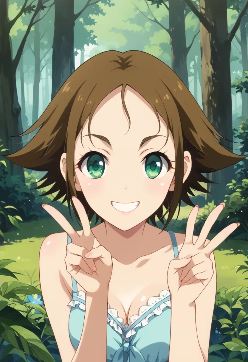 score_9, score_8_up, score_7_up, score_6_up,

1girl, solo,

Osono, short hair, brown hair, green eyes, flipped hair,

looking at viewer, v, hand sign, smile, upper body, forest, outdoors,