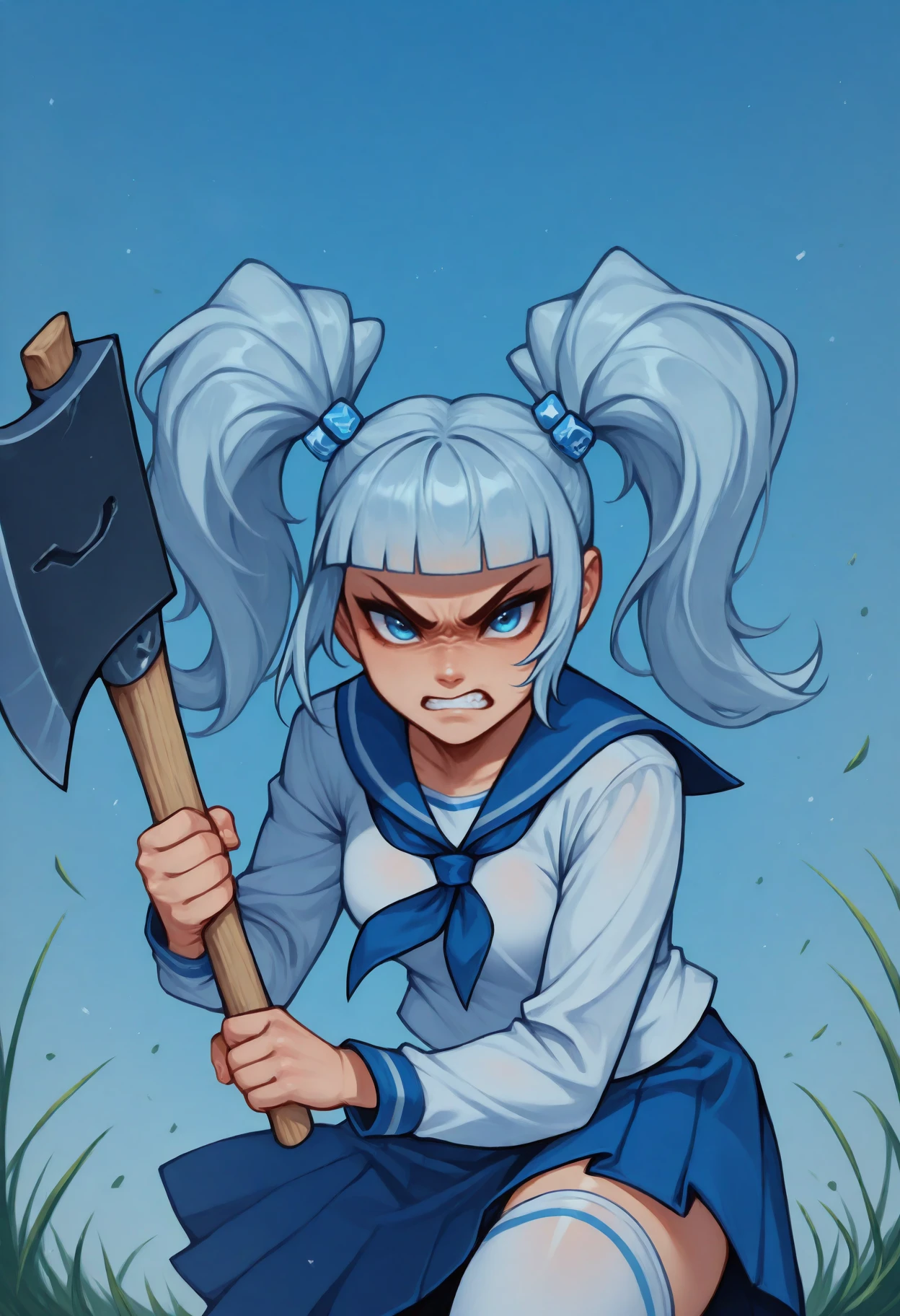 anime, masterpiece, best quality, <break> solo, 1girl, rkn-chan, serious, clenched teeth, looking at viewer, running, holding axe, battle axe, two-handed, long hair, blue hair, blunt bangs, twintails, cube hair ornament, blue eyes, v-shaped eyebrows, serafuku, white shirt, sailor collar, blue neckerchief, long sleeves, blue skirt, pleated skirt, white thighhighs, blue sky, outdoors, grass
<segment:yolo-face_yolov8m.pt,0.4,0.5//cid=1>