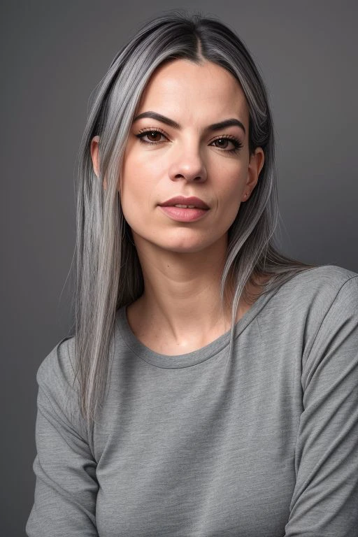 50-year-old woman, gray hair, long hair.