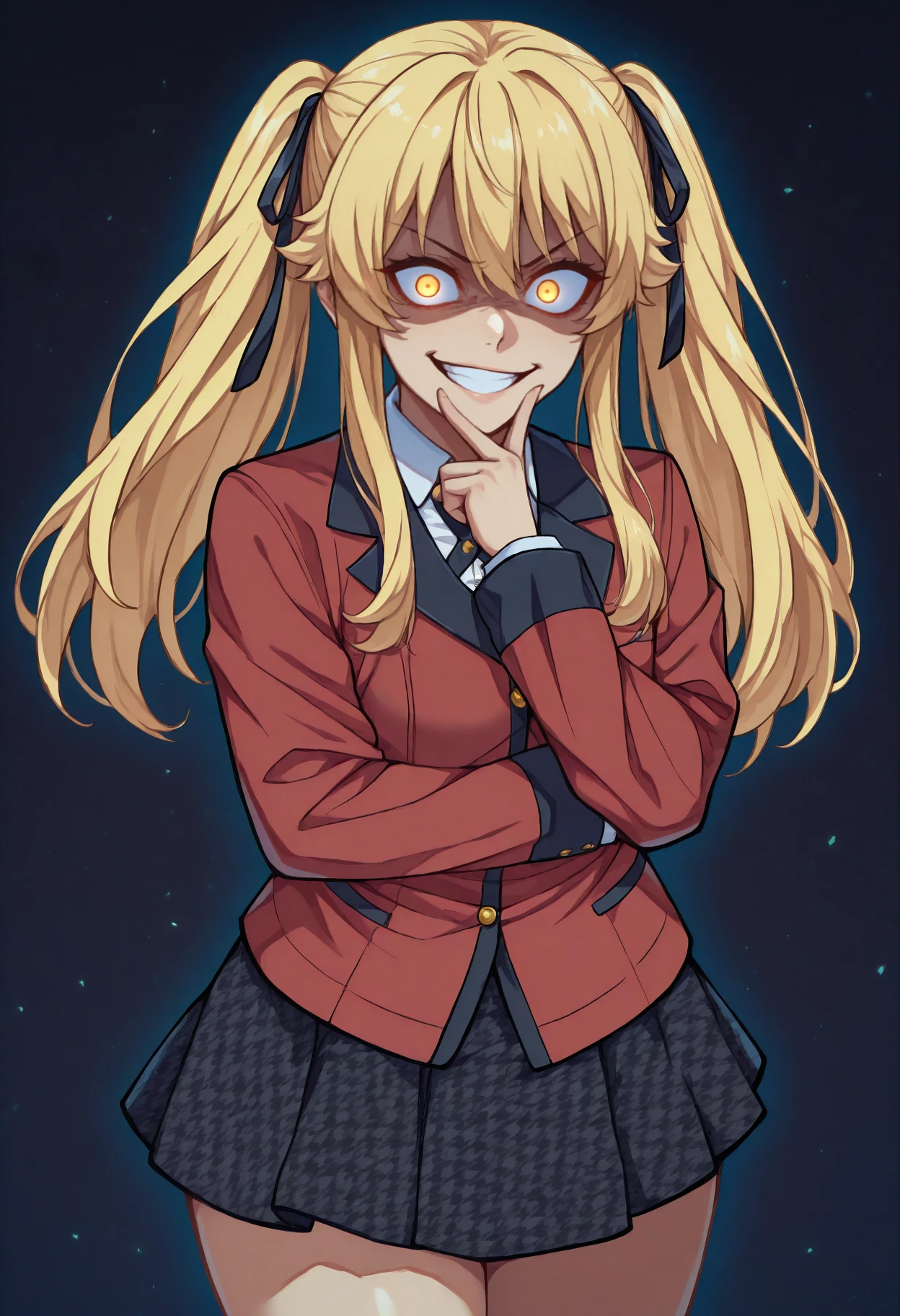 anime, masterpiece, best quality, <break> cowboy shot, solo, 1girl, saotome mary, grin, looking at viewer, finger to own chin, long hair, blonde hair, twintails, hair ribbon, black ribbon, yellow eyes, glowing eyes, constricted pupils, school uniform, red jacket, blazer, long sleeves, white shirt, collared shirt, dress shirt, cross tie, black skirt, miniskirt, houndstooth, thighs, dark background, poker chip
<segment:yolo-face_yolov8m.pt,0.4,0.5//cid=1>