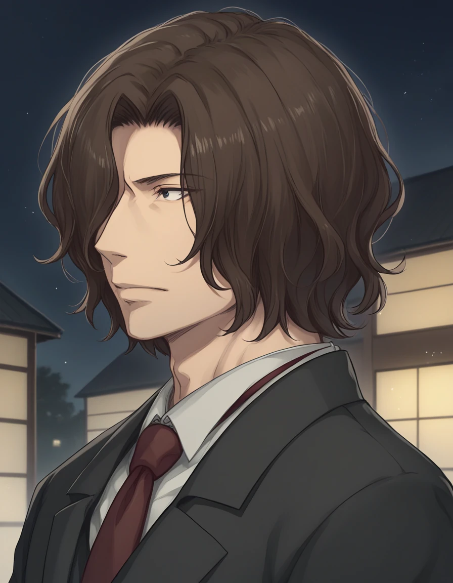 score_9, score_8_up, score_7_up BREAK 1boy, solo, tokisaka reiji, brown hair, wavy hair, hair over one eye, black eyes, suit, formal, black suit, black jacket, white shirt, red necktie, portrait, side view, dark background, japanese buildings, night <lora:tokisaka_reiji_pdxl_v1:0.8>