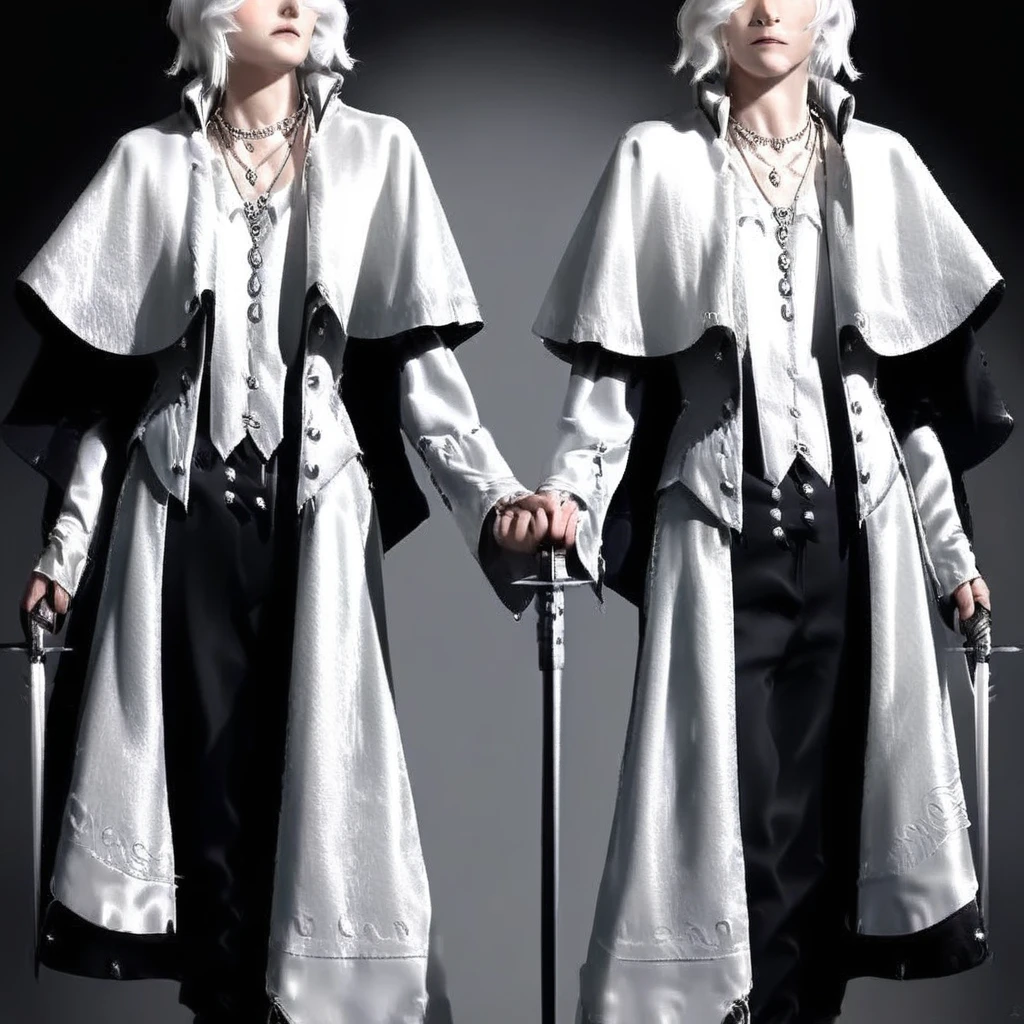 knife, long sleeves, white hair, necklace, capelet, twins, cane, jacket, sword