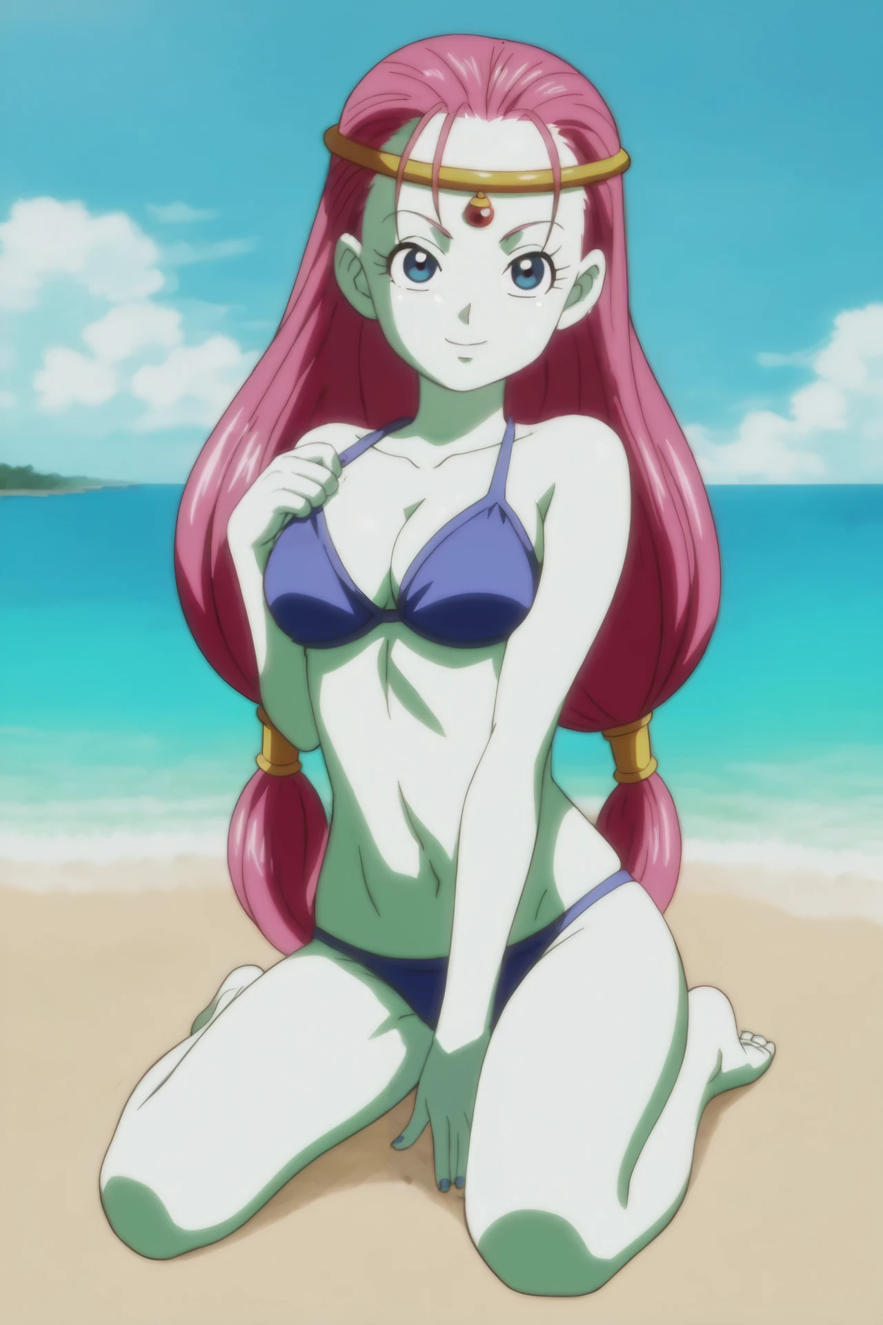 caway, 1girl, solo, long hair, breasts, looking at viewer, arm up, seductive, bra strap, smile, blue eyes, navel, cleavage, medium breasts, sitting, very long hair, swimsuit, full body, pink hair, gold headwear, bikini, outdoors, sky, barefoot, day, sparkle, colored skin, ocean, wariza, beach, between legs, low-tied long hair, hand between legs, circlet, purple bikini, green skin, fingernails, collarbone, eyelashes, pointy nose
 <lora:Caway-000012:0.8>