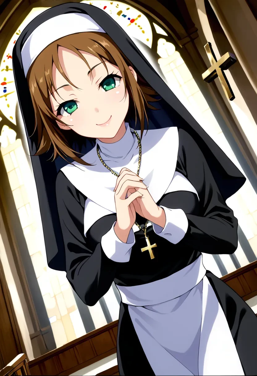 score_9, score_8_up, score_7_up, score_6_up,

1girl, solo,

Osono, short hair, brown hair, green eyes, flipped hair,

traditional nun, nun, habit, long sleeves, dress, black dress, jewelry, black veil, cross, cross necklace, church, smug, praying, dutch angle, cowboy shot