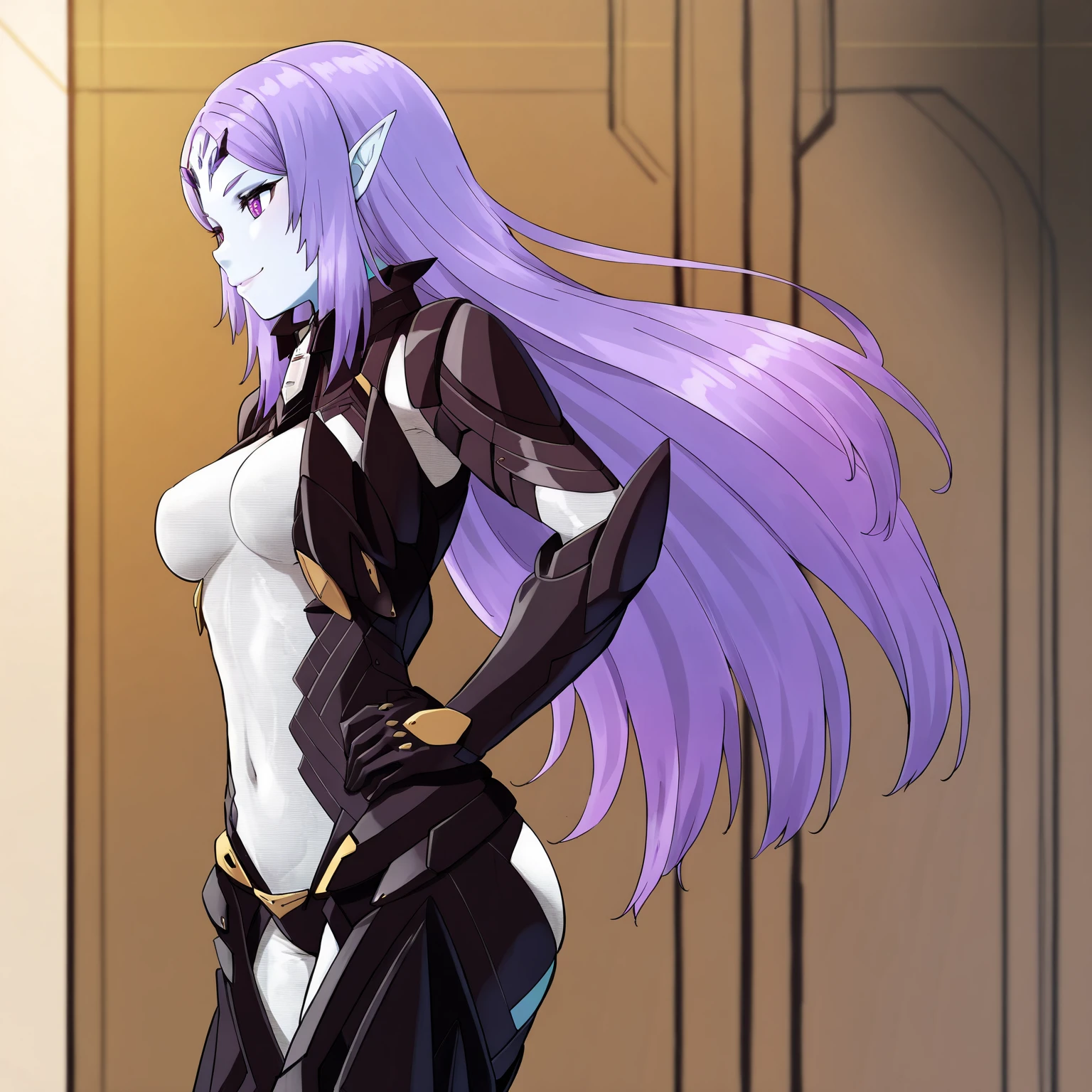 masterpiece, best quality,very aesthetic,absurdres
1girl
 <lora:ETFILLUS2:1> etfillus, colored skin,white skin, pointy ears, purple eyes, long purple hair, black armor, see-through bodysuit,white bodysuit,navel,thigh cutout || ass cutout
sci-fi,indoors,cowboy shot, , upper body, motherly,smile, from side,ass,looking away,from side,metal walls,holograms <lora:MeMaV3_ill:1>