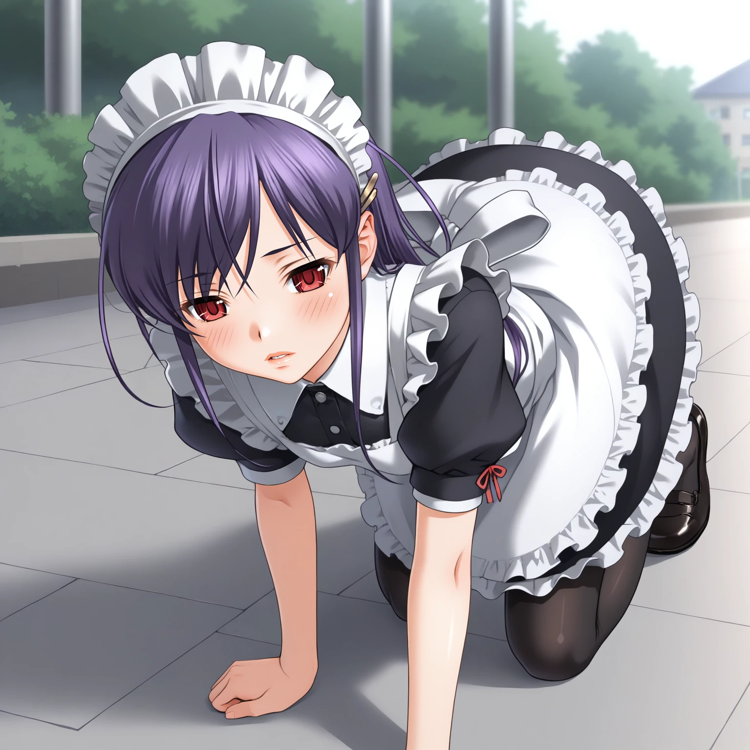 <lora:MJD_HitotsukaneYuukoOliverXLpony005>,
outdoors,
blush,parted lips,half-closed eyes,
solo,
HitotsukaneYuukoOliver,1girl,purple hair,middle hair,hairclip,red eyes,
maid headdress,
maid,short_sleeves,maid_apron,
black thighhighs,
all fours,