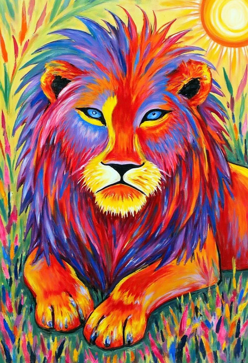 Fauvism Facilitator,  Illustrate a lion resting in a sunlit savanna, its mane in shades of deep red, purple, and orange. The lionâs fur is painted in strong contrasts of green and yellow, while the savanna grass is a chaotic mix of pink, blue, and orange brushstrokes. The sun casts bright yellow and magenta light, creating an atmosphere thatâs as wild and vivid as the lion itself.