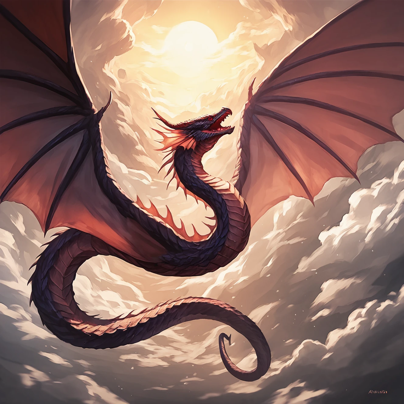 dragon, wings, 2 wings,
<lora:winding_body:1> winding body, serpentine, serpentine body, , flying, sky, head, red eyes, open mouth, score_9, score_8_up, score_7_up, intricate details, , fantasy setting,
(tail:1.3)
, detailed background,