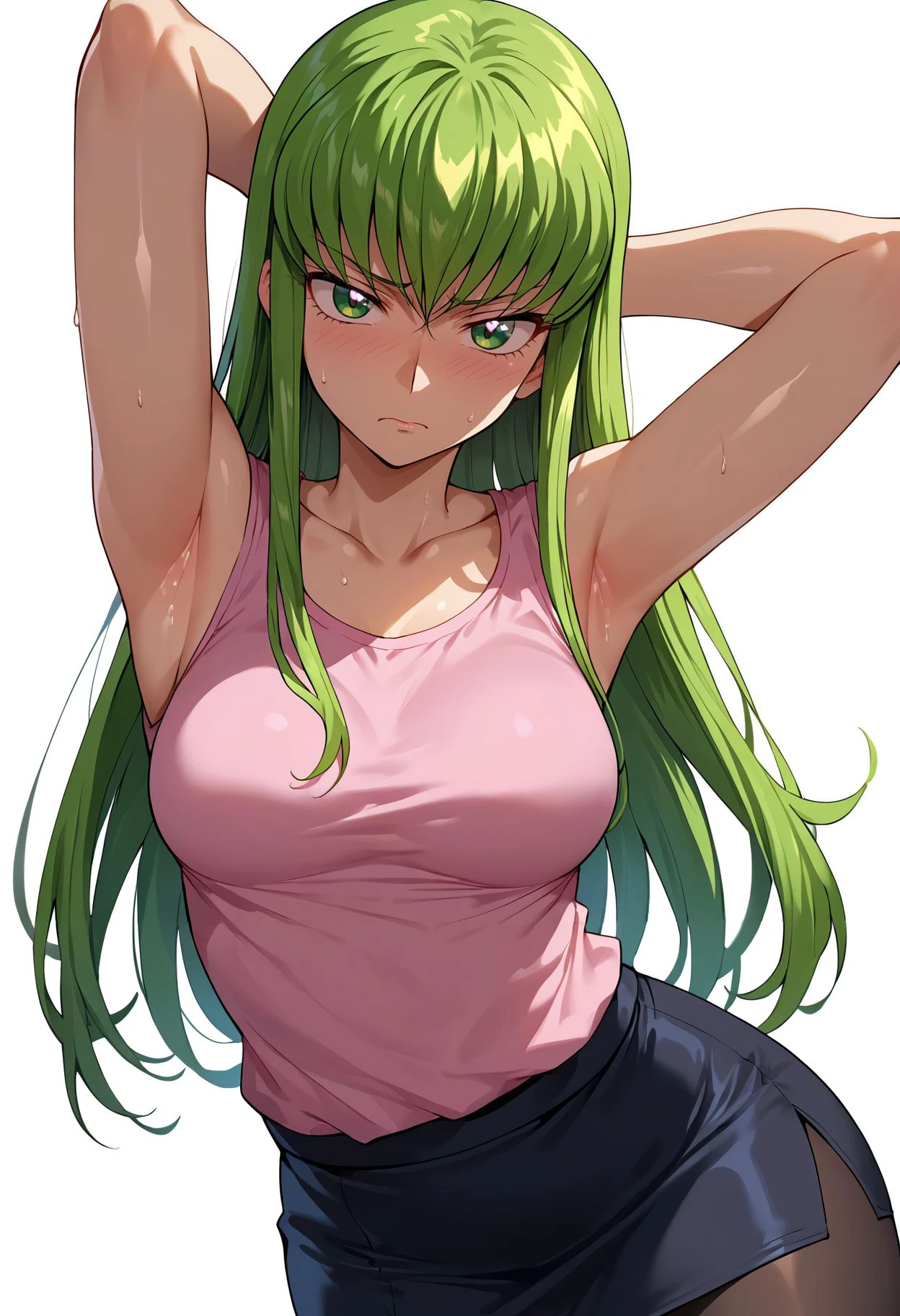 score_9_up, score_8_up, score_7_up, cowboy shot, 1girl, Asui Tsuyu\(boku no hero academia\), green hair, very long hair, low-tied long hair, tied hair, black eyes, wide hips, medium breasts, (shirt lift), source_anime, anime style, (hypnosis, standing, street at night, heart-shaped pupils, brainwashed, blush, looking at viewer, thigh gap, phone, heart, eye symbol, rating_questionable, pov), ahegao