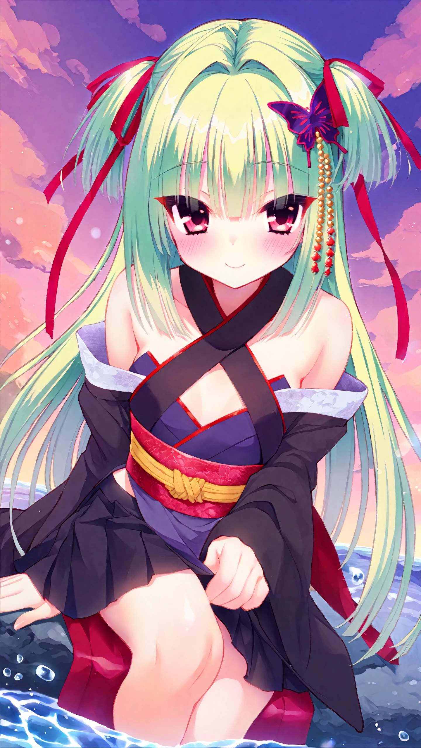 Rubi-sama score 9,Rubi-sama style,Rubi-sama score 8 up,1girl,murasame \(senren\),solo,water,sky,cloud,bubble,water drop,smile,blush,bangs,bare shoulders,butterfly hair ornament,green hair,ribbon,black kimono,black pleated skirt,(japanese clothes:0.5),(kimono:0.5),long hair,obi,red eyes,sash,two side up,long sleeves,wide sleeves,ocean,day,<lora:murasame-000018:0.8>,lispict,32k,absurdres,masterpiece,best quality,highly detailed,. gorgeous,key visual,studio anime,award-winning,professional,highly detailed,high budget,cinemascope,ray tracing,source anime,<lora:lighting Slider_alpha1.0_rank4_noxattn_last:-1>,<lora:pony_outline_lbw_5x:-0.8>,