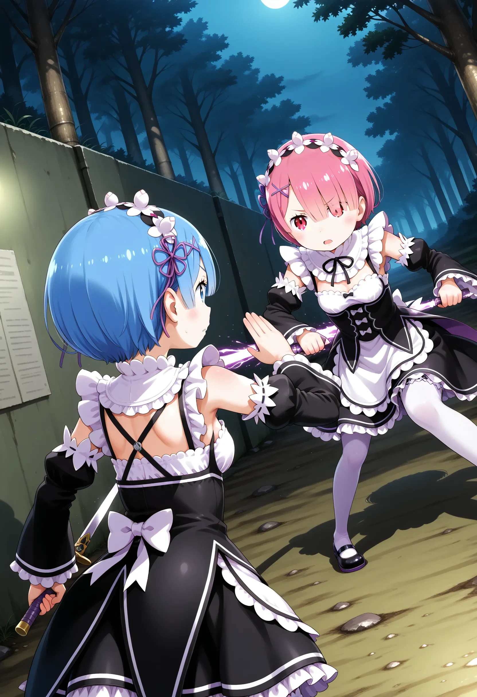Rem Fight 2girls, rem \(re:zero\), ram \(re:zero\), maid, official costume ...