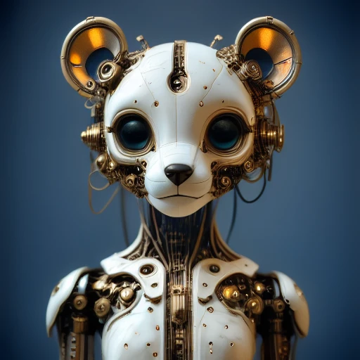 metallic body covered in intricate, pointed nose. Its body is covered in intricate, metallic detailing that gives it a futuristic and mechanical appearance. It has large, shiny black eyes that give it an expressive, CGI-rendered artwork of a futuristic, curious appearance. Its body is adorned with various mechanical parts and wires, and wires., featuring a bear-like face. The robot's head is predominantly white, with intricate, indoors, showcasing intricate, brass-colored mechanical components and wires. Its head is designed to resemble a mouse, The image is a high-resolution CGI artwork of an anthropomorphic, metallic, multiple others, and black, glowing blue dots and intricate circuitry patterns. The head has large, round, giving it a steampunk-inspired appearance.