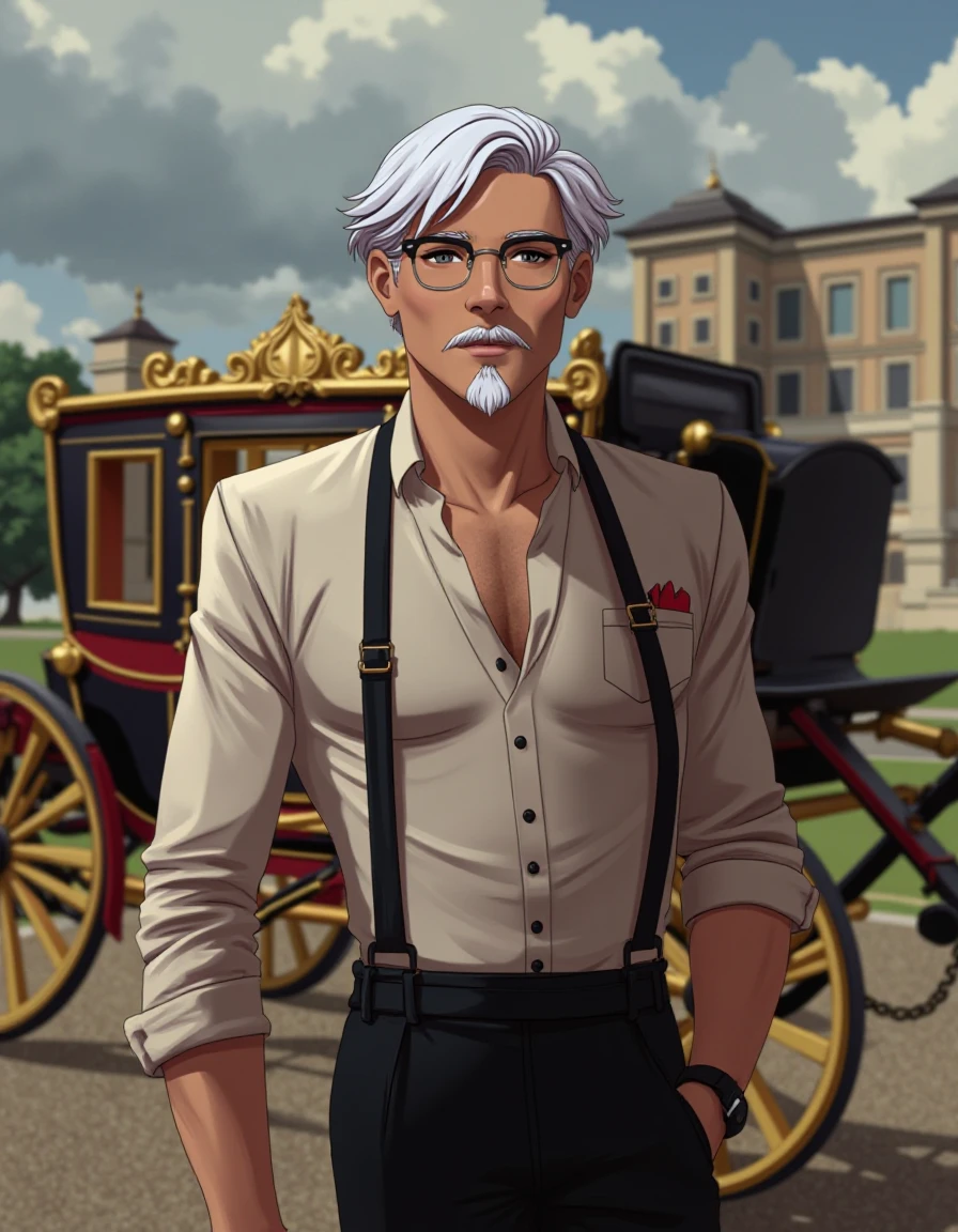 colonel-sanders, with silver hair, he is dressed as prince charming from a fairy tale, with a button-up fitted shirt and black pants, there is a stagecoach outside a palace in the background  <lora:colonel-sanders_000003800:0.8> <lora:turbo-alpha:1>