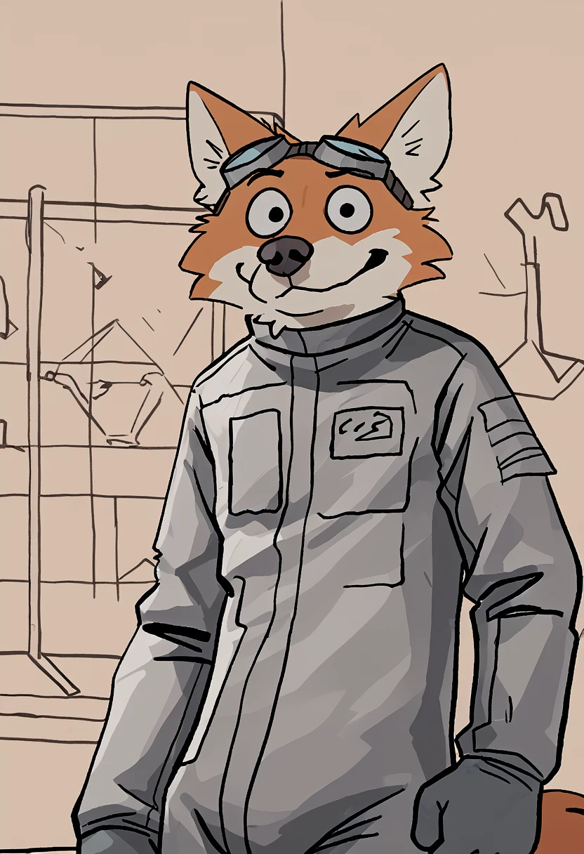 by mawfulme, furry, fox, googles, hazard suit, fur tuft, solo, broken line, pencil drawing, lab, looking at viewer, <lora:MawfulMe_style:1>