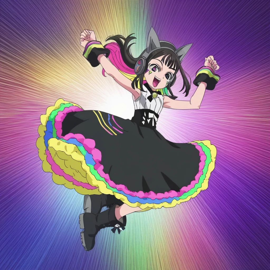 1girl, solo, black hair, multicolored inner hair, rainbow colored inner hair, multicolored eyes, facial marks, headphones, black hair, open mouth, cat ear headphones,white sleveless shirt, neck ribbon,black skirt,wrist cuffsle background, smile,anime,multicolored skirt border,black  pantyhose,boots,full body,anime