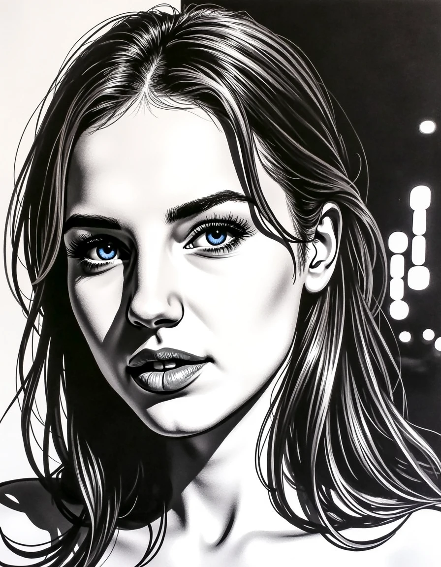 A neo-noir ink drawing of b3ti, her face half-illuminated by a soft, mysterious light, creating stark contrast and deep shadows. Her eyes are sharp and reflective with a hint of blue, capturing a sense of both vulnerability and strength. Her hair falls in loose around her face, adding to the sense of disarray and mystery. The background is minimal, with only a few lines suggesting an urban nightscape, perhaps a distant neon sign or the silhouette of city buildings. The style is reminiscent of classic film noir, with a modern twist, focusing on the play of light and shadow to convey mood and emotion. <lora:beti:1>