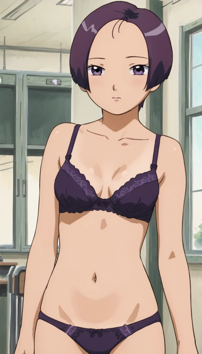 masterpiece, best quality, mawsLoisLane, 1girl, solo, black hair, short hair, brown hair, upper body, smile, white bra, looking at viewer, indoor, arms behind back, open mouth, black leggings, earrings, sunlight, 