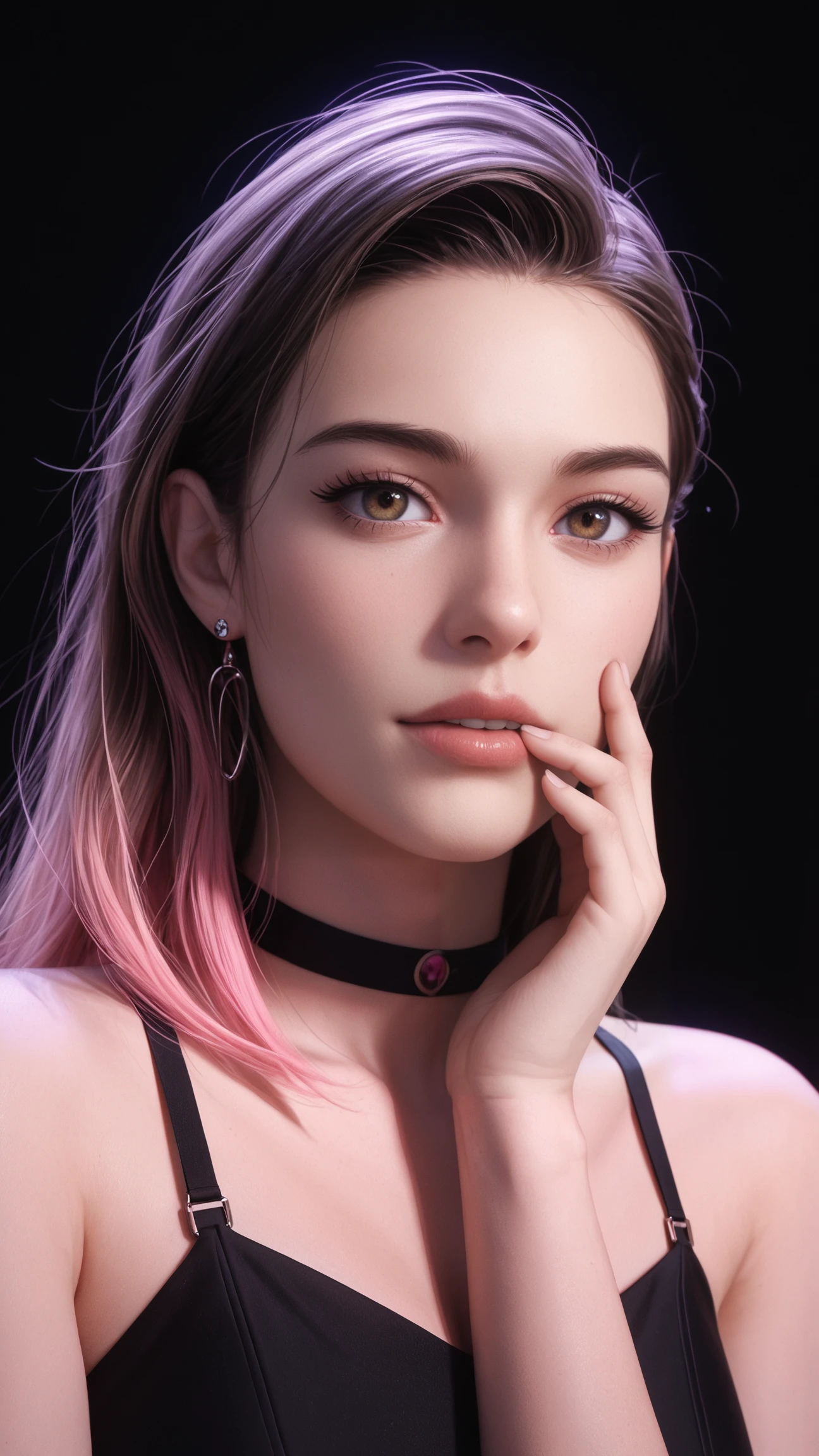 PonyScores,upper body view, an image of 8k ultra realistic mix, high detailed, 1 woman, hazel eyes, beautiful 30 age years old sexy woman, lumious lips, detailed background, black background,studio light, dynamic, wearing black choker, black platform shoes, black stockings, dark colored shadow, neon details, low contrast, dark colored shadow, neon details, low contrast, pastel pink color grading, hand on chin, kpopstar