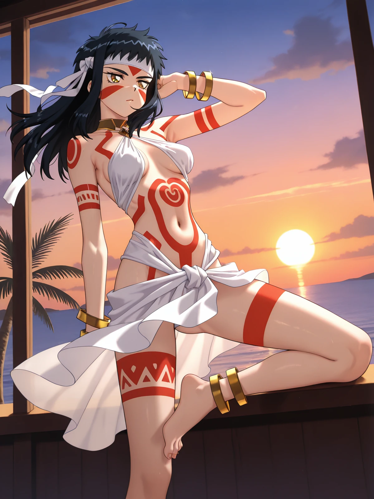 masterpiece, very aesthetic, solo, 1girl shimabara yuuhi, blue black hair, short disheveled bangs, jagged cowlick, long locks, medium long hair, thick eyebrows, sharp golden eyes, medium breasts, (5toes), crotch of toes, between toes, spread toes, toenails, feet, ass visible through thighs, armpit, navel, collarbone, ribs, skinny, sweat, translucent skin, lips gloss, red tribal tattoo swirls spin pattern, red body markings, bodypaint, full-body tattoo, body writing, red facepaint, red facial tattoo, swirl breasts tattoo, swirl belly tattoo, chest tattoo, arm tattoo, leg tattoo, thigh tattoo, shoulder tattoo, butt tattoo, tribal tattoo, tribal, white ribbon forehead (hachimaki) headband, white criss-cross halter neck, white loincloth, white sarong, golden anklet, golden armlet, golden bangle, golden bracelet, golden choker, (foot focus:0.8), (ass focus:0.6), full body, (indoors:1.2), (Outdoors seen from the window:1.0), cluttered and detailed background, beautiful detailed background, palm tree, sunset sky, backlighting, sunlight, cloud, cloudy sky, outdoors, sky, sea, summertime on tropical beach, AngkorWat on an island in the distance, night jungle, underlighting, Tropical Accommodations,<lora:shimabara_yuuhi_neo_ranga_IllustriousXL01_lora_20241002_epoch-000018+12+12:0.8>