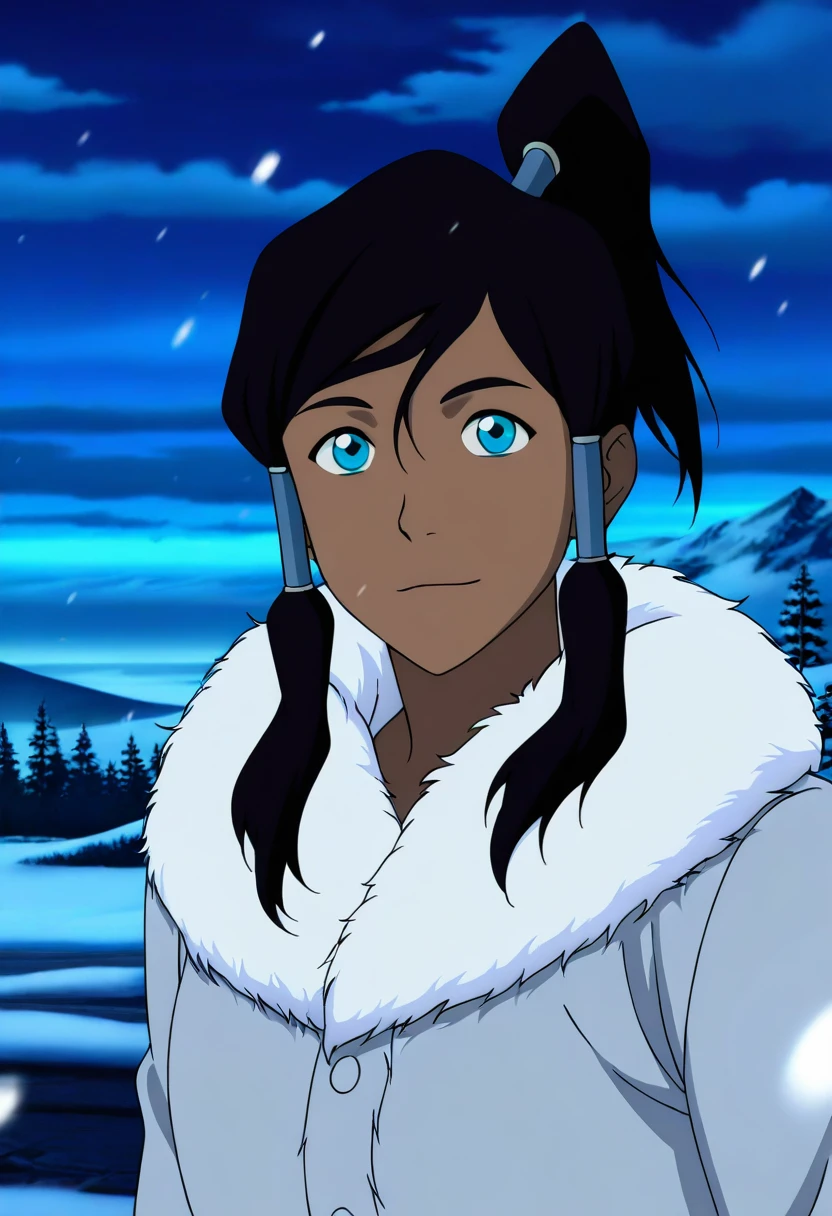 anime screencap,8k, absurd res, korra-v2, 1girl, solo, looking at viewer, ponytail, blue eyes,dark skin,fur coat,brown skin, outdoors,snow,night detailed background, upper body, shiny,sky clouds <lora:korra-v2 (6):1>