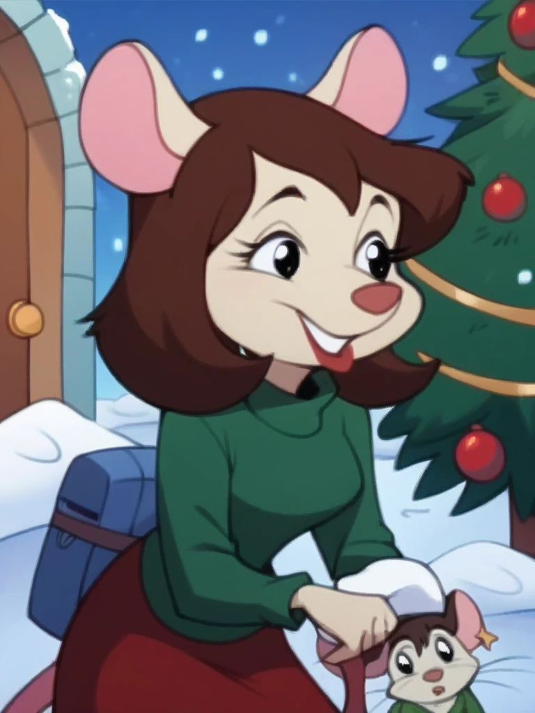 score_9, score_8_up, score_7_up, score_6_up, score_5_up, score_4_up, Mousey_Galore, medium hair, brown hair, green turtleneck sweater, skirt, christmas tree, snow, detailed face, detailed eyes, detailed background, <lora:mousey-galore-v1:1>