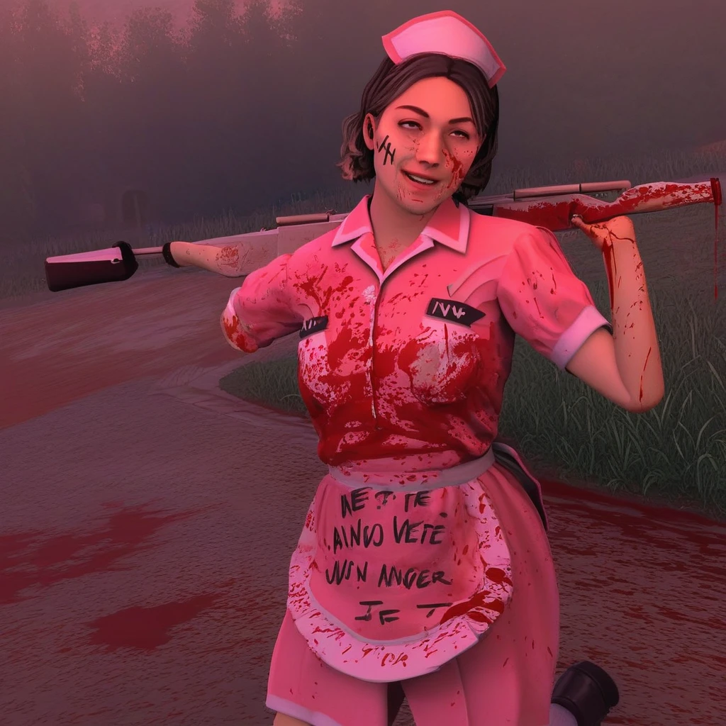 medium hair, pink waitress uniform, outdoors, happy, holding weapon, parted lips, portrait, white socks, blood, body writing, ambience, pink panties, black footwear, nsfw, underwear, short hair, perfect face