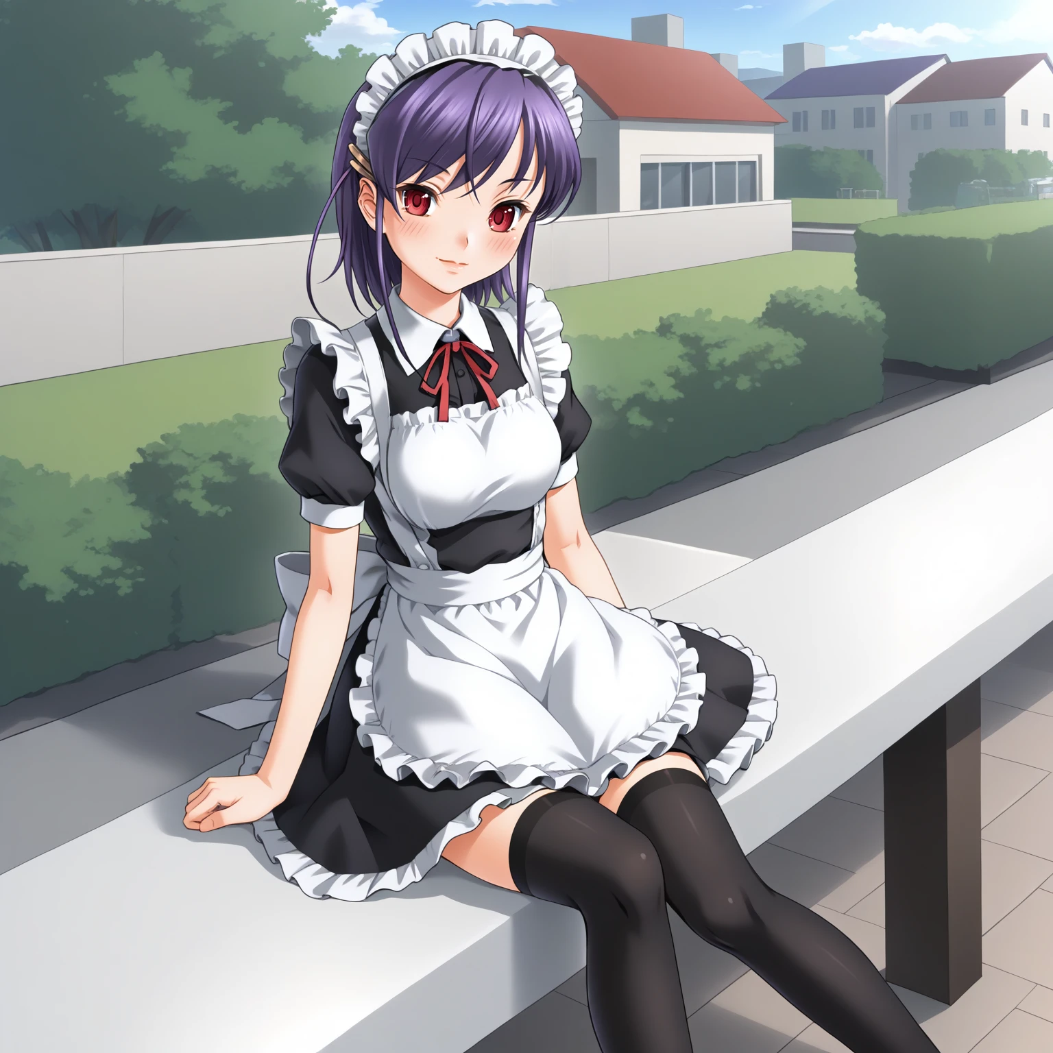 <lora:MJD_HitotsukaneYuukoOliverXLpony005>,
outdoors,
blush,smile,
solo,
HitotsukaneYuukoOliver,1girl,purple hair,middle hair,hairclip,red eyes,
maid headdress,
maid,short_sleeves,maid_apron,
black thighhighs,
sitting,