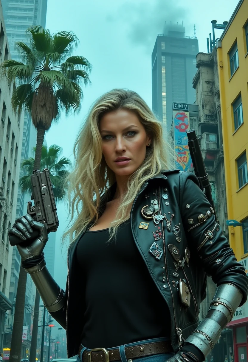 This image is a photograph of a futuristic, cyberpunk scene. The central figure is a woman with a striking appearance. She has wavy, long ash blonde hair. Her skin is fair, and she has a piercing gaze. She is dressed in a black leather jacket adorned with numerous patches and electronic components, giving it a high-tech, futuristic look. Underneath the jacket, she wears a black tank top. Her left arm is covered in a metallic prosthetic, and her right hand grips a futuristic, high-tech handgun pointed upward.

The background features a dystopian cityscape with tall, dilapidated buildings covered in graffiti and advertisements. The buildings are a mix of grays, yellows, and reds, with broken windows and signs that read "AI" and "Civit." A palm tree is visible on the left side, adding a surreal element to the scene. The sky is a hazy, smoky blue, and the atmosphere is filled with a sense of tension and urgency. The overall color palette is dominated by cool tones with hints of warm hues, creating a vivid and immersive cyberpunk aesthetic. G1S3L3