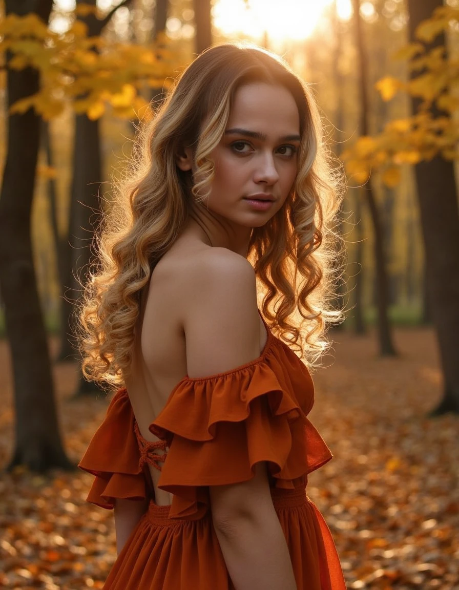 A cinematic close-up photo of aimrox from the rear view, standing in a serene autumn forest. She is looking over her shoulder with a soft, wistful gaze, her eyes reflecting the warm tones of the setting sun filtering through the trees. Her hair, a cascade of gentle curls, partially covers her face, adding a touch of mystery. She wears a flowing, burnt-orange dress that complements the palette of falling leaves around her. The scene is set at golden hour, with the light casting long shadows and highlighting the intricate details of her attire and the surrounding foliage, evoking a sense of romance and longing.  <lora:aimee-rox:1>