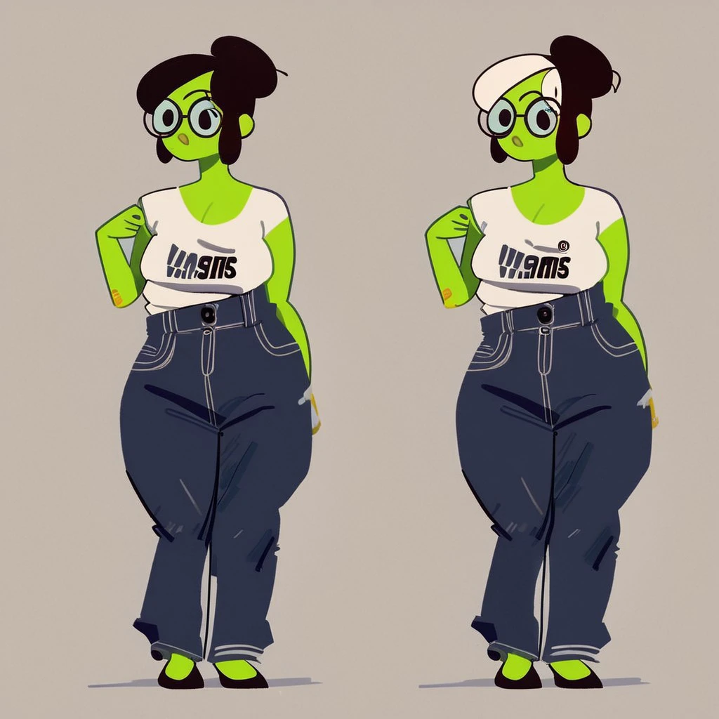 score_9,score_8_up,score_7_up,score_6_up,1girl,pink multiple angles, Brown hair, hair bun, big breast, store cashier uniform, full body, cashier, , goth, white hair, jeans, glasses, alien girl,antenas, green skin, colored skinmultiple angle, black eyes, cartoon,cartoon style,2zdxxps, dot eyes,