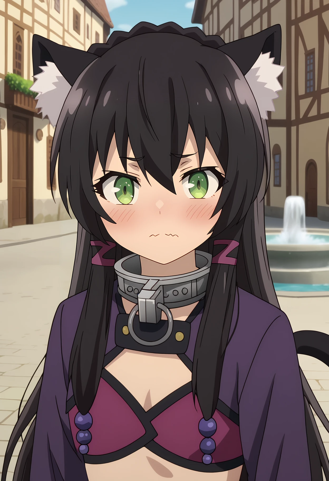 score_7_up, anime screencap,
<lora:IsekaiMaou_RemGalleuXL:0.9>,
1girl, solo, wavy mouth, nose blush,
long hair, black hair, hair between eyes, crown braid, green eyes, animal ears, tress ribbon, hair beads, cat tail,
RemMain, metal collar, purple jacket, crop top, purple bra, long sleeves,
fisheye, close up, portrait, looking at viewer,
town, medieval, fountain, photo background, blurry background