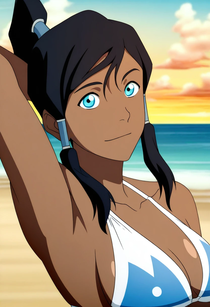 anime screencap,8k, absurd res, korra-v2, 1girl, solo, looking at viewer, ponytail, blue eyes,dark skin,bikini,brown skin, outdoors, detailed background,bare shoulders, beach,collarbone, upper body, shiny,armpits,sky clouds <lora:korra-v2 (6):1>