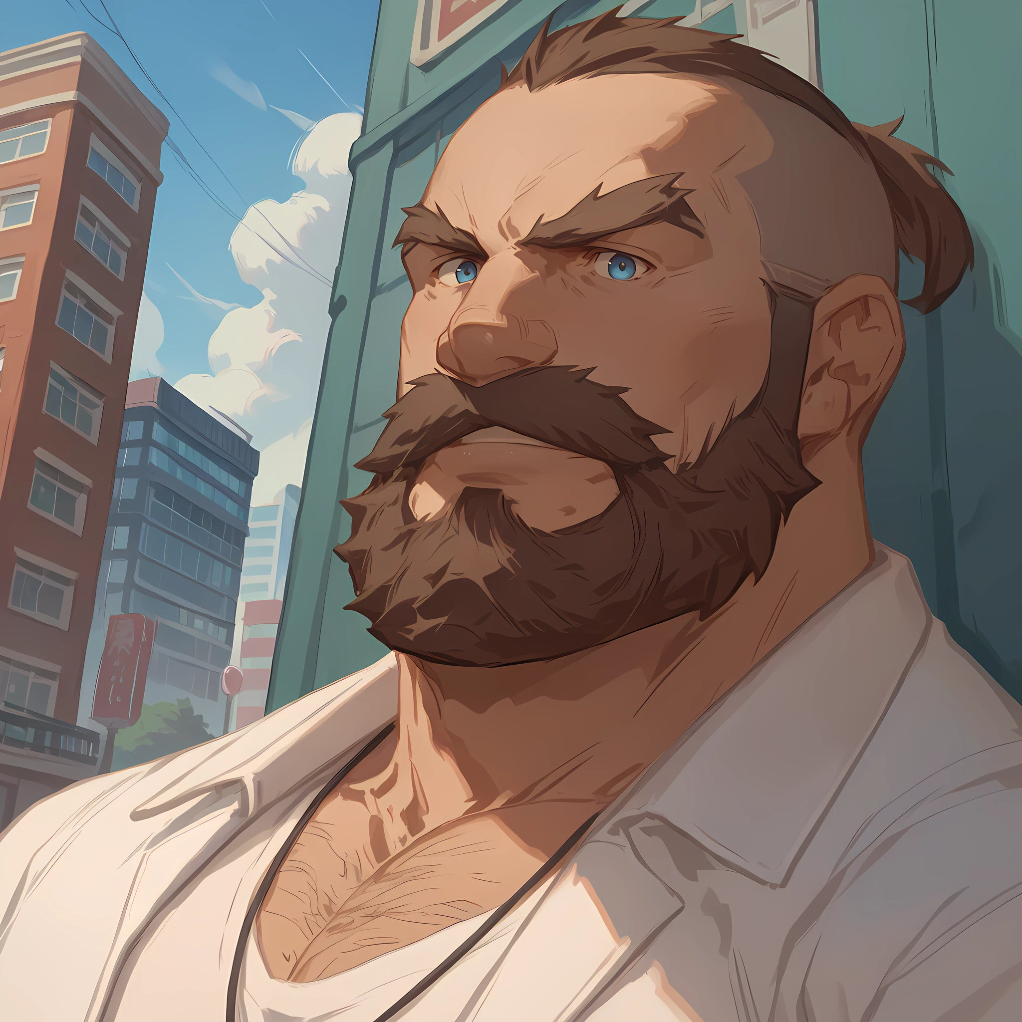 score_9, score_8_up, score_7_up, (source_anime), destroyernnk, facial hair, beard, mustache, hairy, hairy arms, solo, bara, human male, mature male, muscular male, casual outfit, white shirt, brown pants, detailed face, detailed eyes, blue eyes, big eyes, vibrant, city <lora:Destroyer_Ni_No_Kuni_Cross_Worlds-000012:0.8>