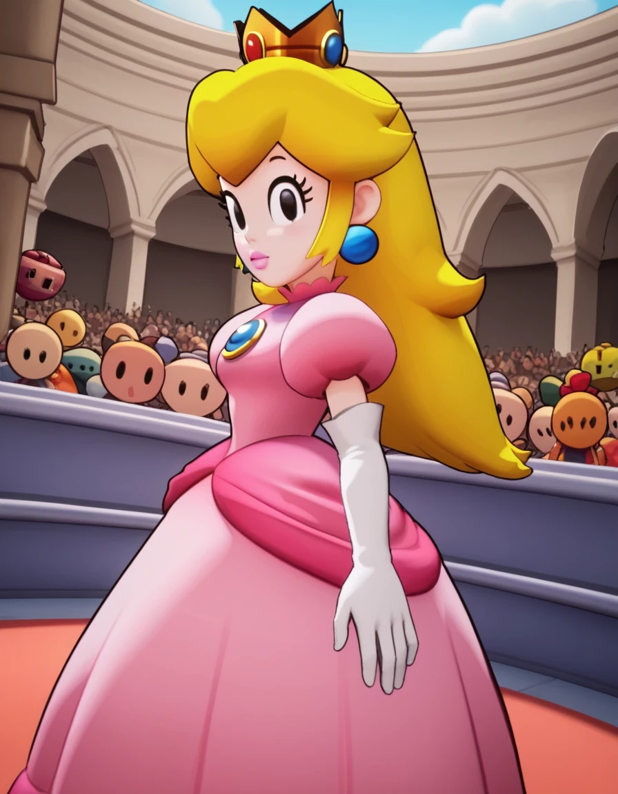 score_9, score_8_up, score_7_up, source_anime, <lora:princess-peach-brothership-ponyxl-lora-nochekaiser:1>, princess peach, blonde hair, black eyes, long hair,, crown, dress, gem, gloves, pink dress, puffy short sleeves, puffy sleeves, short sleeves, white gloves,, convention, crowd, booths, posters, event, , from side, looking at viewer, solo,, dutch angle, cowboy shot