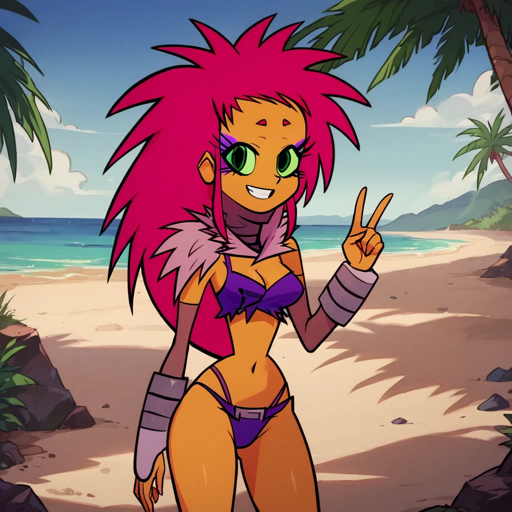 score_9, score_8_up, score_7_up, 1girl, starfire, pink hair, spiked hair, long hair, green eyes, colored sclera, medium breasts, narrow waist, wide hips, looking at viewer, smile, v, bikini, thong, beach, outdoors, highres, high quality, masterpiece,  <lora:Starfire_NBTS:1> <lora:Expressive_H:1> Expressiveh