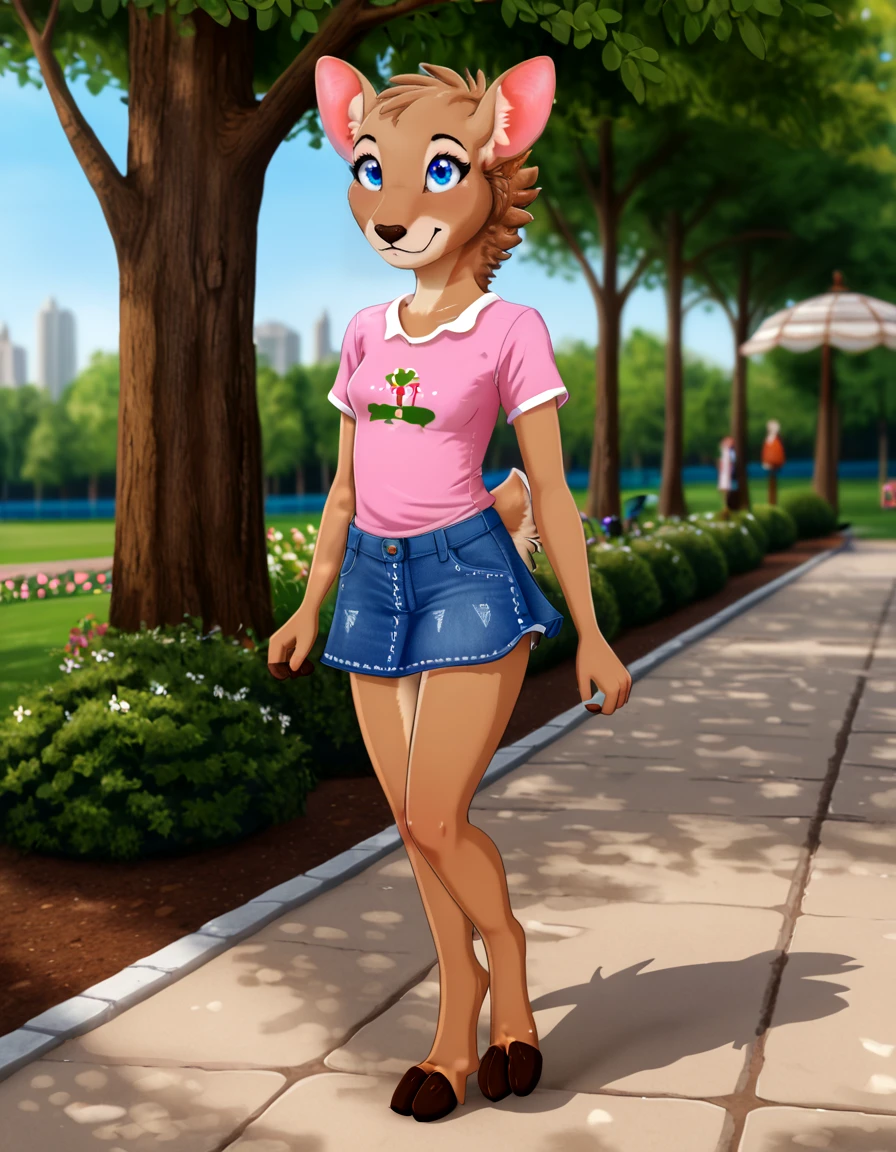 outdoors,detailed background,park,
Katy,1girl,solo,deer,animal ears,tail,furry female,animal nose,snout,short hair,blue eyes,body fur,brown fur,animal ear fluff,two-tone fur,brown hair,white fur,
full body,smile,long eyelashes,
denim skirt,pink t-shirt,
<lora:Katy_v01_PDXL:1>,