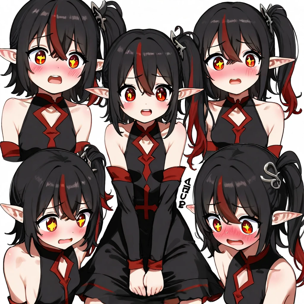 [score_9, score_8_up, score_7_up, score_6_up, score_5_up, score_4_up::0.2],  BREAK white background, full body view,  BREAK 1girl, solo, red eyes, cross-shaped_pupils, elf, pointy ears, +_+,  Black hair, multicolored hair, streaked hair, red hair, hair between eyes, side ponytail,  shy, blush, nose blush, open mouth, flustered, upper teeth only,  collarbone, small breasts,  hair ornament, sleeveless dress, black dress, detached sleeves,  looking at viewer, v arms, looking down,