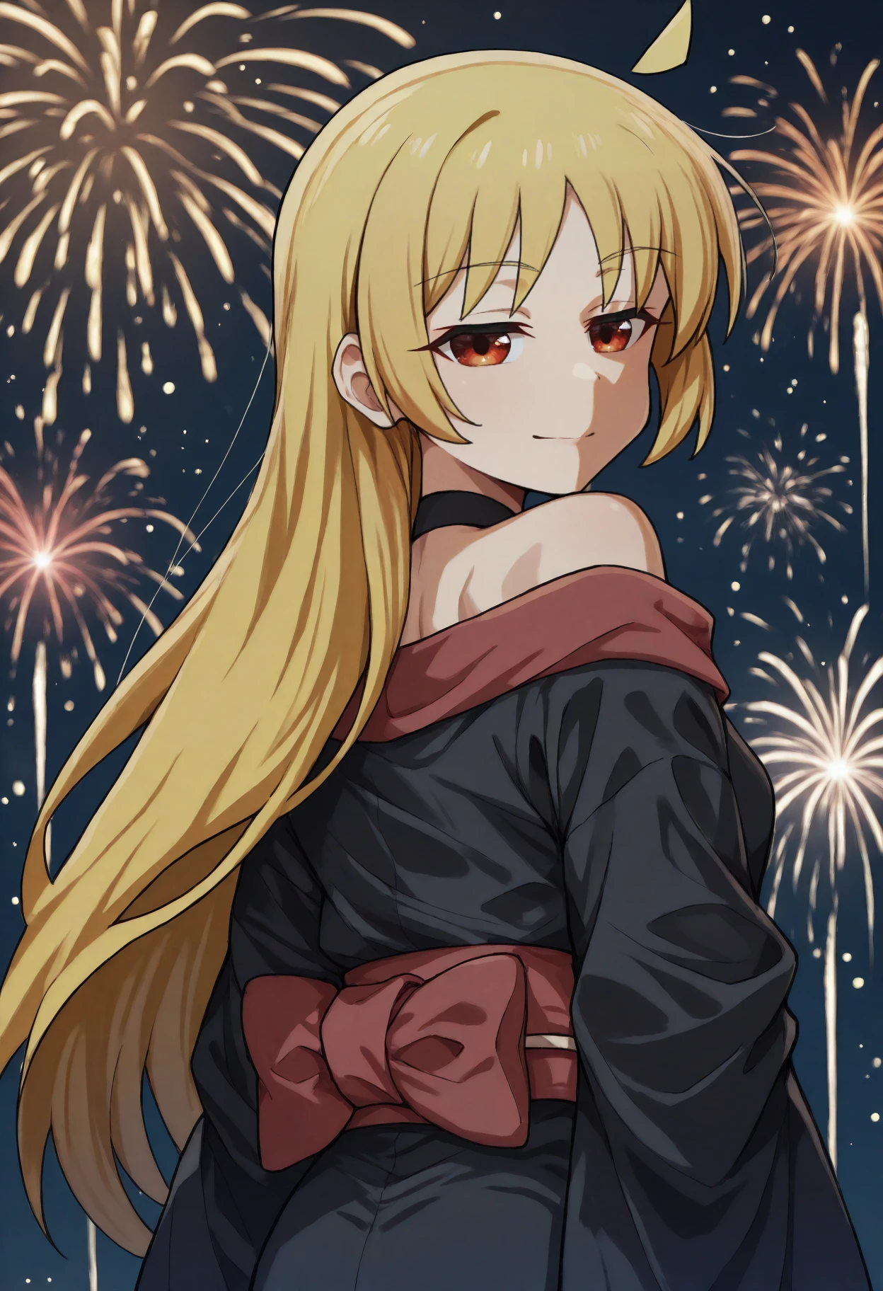 anime, masterpiece, best quality, <break> from behind, solo, 1girl, ijichi seika, slight smile, looking back, long hair, blonde hair, detached ahoge, red eyes, japanese clothes, black kimono, off shoulder, red sash, bare shoulders, fireworks
<segment:yolo-face_yolov8m.pt,0.4,0.5//cid=1>