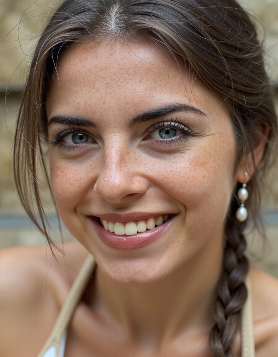 A closeup photo of a woman smiling while looking at the camera.