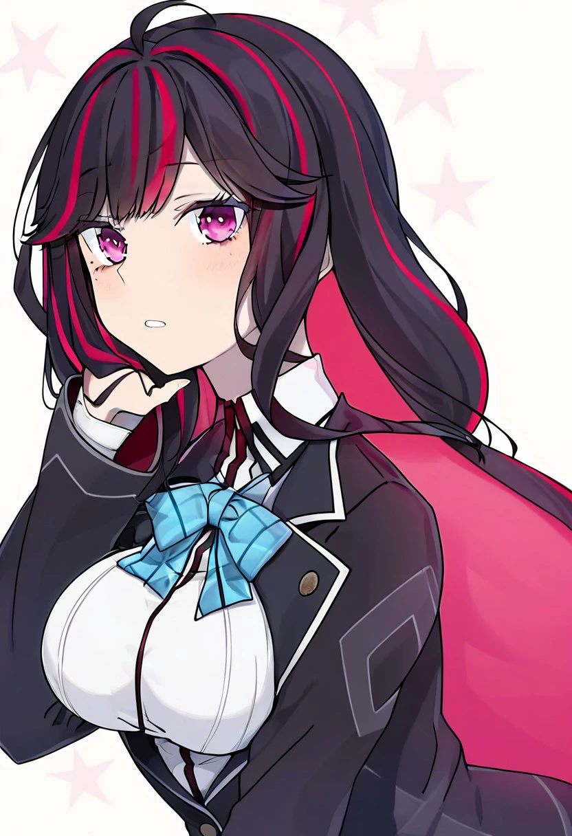 z3kk4m1y4m0t0 ,Zekka Miyamoto ,
 1girl, solo, long hair, breasts, looking at viewer, blush, bangs, large breasts, simple background, shirt, black hair, long sleeves, white background, bow, purple eyes, jacket, white shirt, upper body, pink hair, red hair, multicolored hair, parted lips, collared shirt, virtual youtuber, bowtie, pink eyes, star (symbol), two-tone hair, streaked hair, black jacket, blue bow, portrait, hand in own hair, colored inner hair, blue bowtie