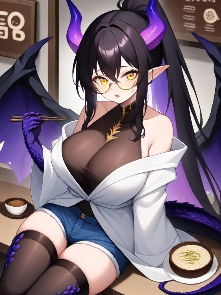 1girl,solo,sitting as a girl, eat on soba,
break,
 <lora:Futtora's_Crystal_Dragon_Girl_MS_Dowlin:1>fc_Dowlin,  dragon horns, dragon skin, breasts, tail, wings, yellow eyes, shorts, thighhighs, dragon tail, large breasts, dragon girl, claws, ponytail, dragon wings, long hair, pointy ears,  black thighhighs, dragon horns, black hair,  purple hair,short shorts, bare shoulders, off shoulder, denim, denim shorts, very long hair, multicolored hair,  scales, hair between eyes,Golden frame glasses,black leotard,white robe
in a  cafe,
masterpiece, best quality, amazing quality, very aesthetic, absurdres, highres, newest