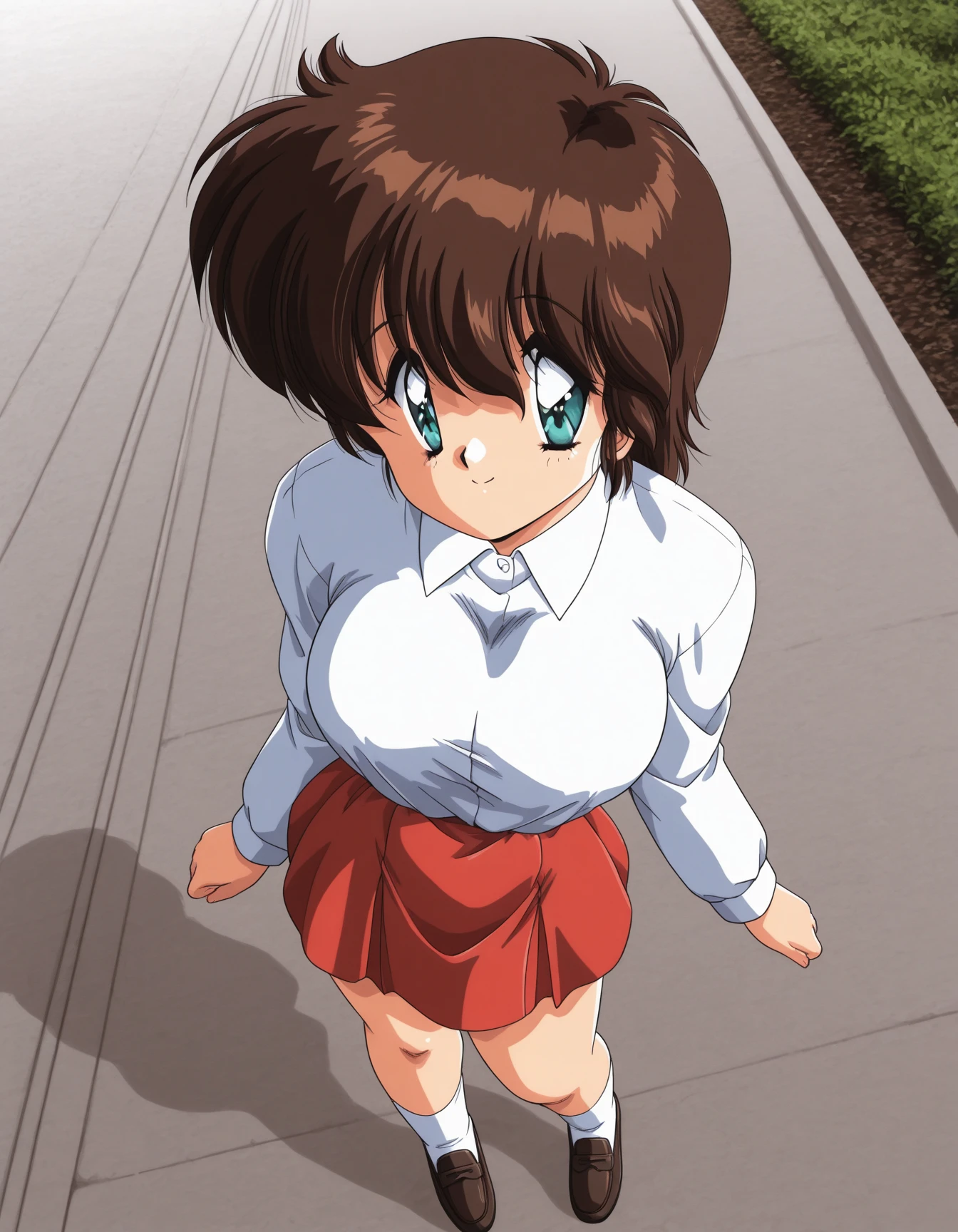 1girl, solo, 
<lora:Wakaba_Mina_Gomenne_Mina-chan_Illustrious_v2:1.0>, wakaba_mina_v2, large breasts, aqua eyes, blue eyes, brown hair, short hair, bangs, hair between eyes, sidelocks, white shirt, long sleeves, pleated skirt, red skirt, white legwear, loafers, 
smile, happy, looking at viewer,  
outdoors, perspective, afternoon, , , 
double exposure, dutch angle, contrapposto, from above, 
best quality, ultra-detailed, masterpiece, finely detail, highres, amazing quality, very aesthetic, absurdres, general, recent, newest,