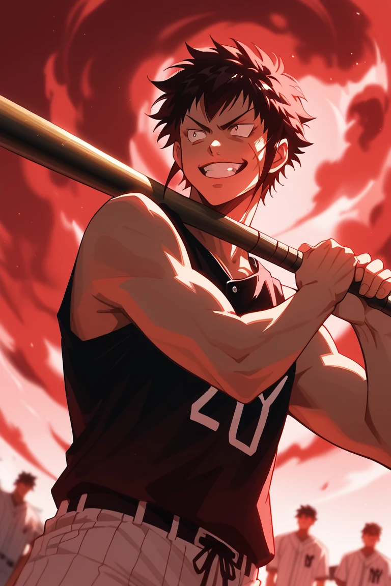 score_9, score_8_up, score_7_up, source_anime, rating_safe, red aura, red theme, male focus, cowboy shot, holding baseball bat, looking away, expressive face, evil smile, grin, RaichiDA, brown_RaichiDA_scar on cheek, black_RaichiDA_hair, constricted pupils, teeth, tank top, shorts, manly, 1boy, blurry outdoors, from below, dutch angle, intricately detailed illustration, atmospheric perspective, depth of field